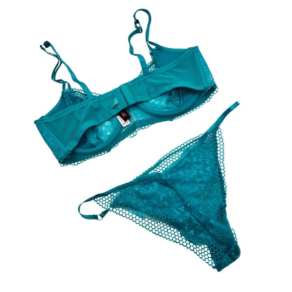 Adore Me | ‘Evah’ Teal Lace Bra 36DD & 2 High Cut Bikini Panties Large - Picture 2 of 5